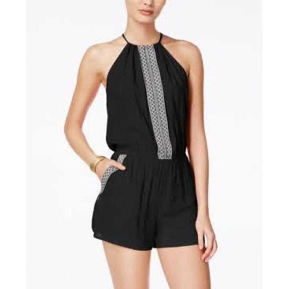 BCX Womens Black Halter Neck Romper Embroidered Trim Sleeveless Medium 008528H